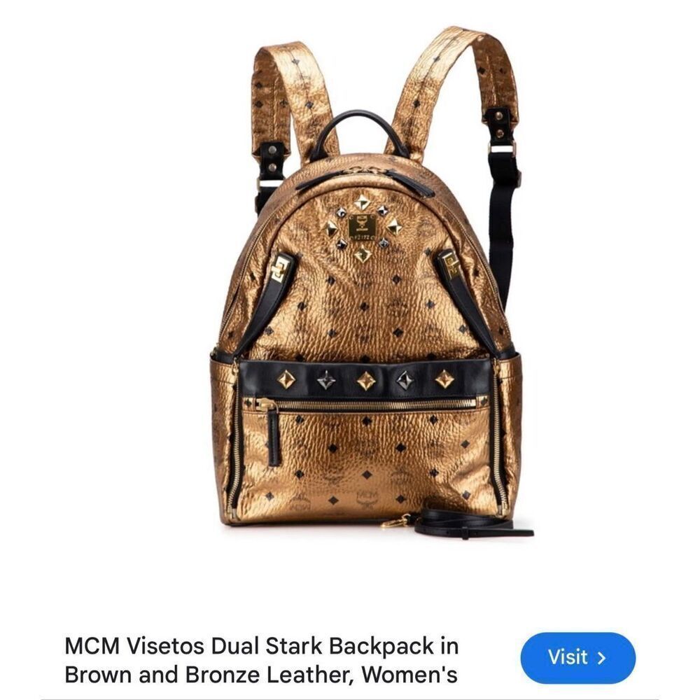 MCM Visetos Dual Stark Backpack convertible crossbody bag studded gold black